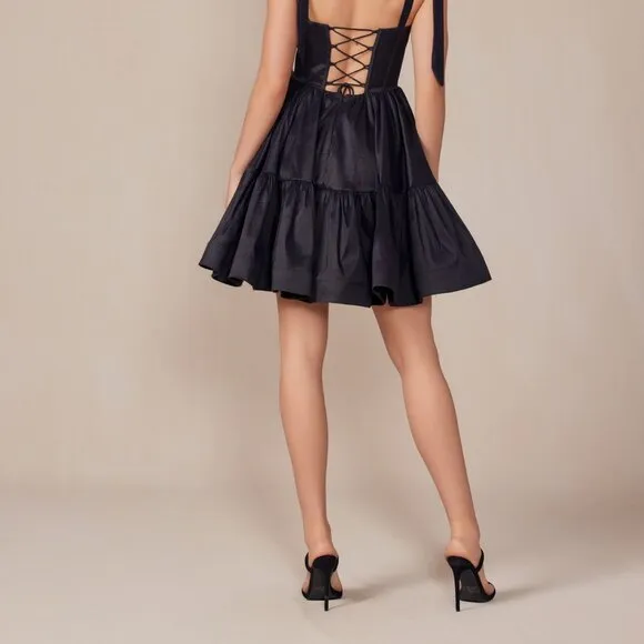 NEW SLEEVELESS A-LINE POCKETED SATIN DRESS W/ TIED STRAPS &amp; LACE UP BACK NX T869