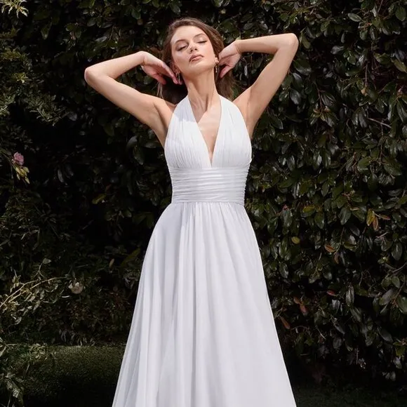 NEW SLEEVELESS LONG A-LINE OFF WHITE WEDDING DRESS W/ HALTER NECKLINE CD372W