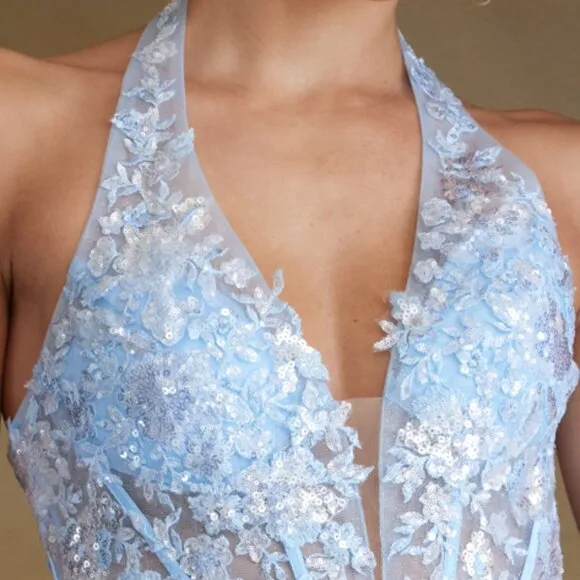 NEW SLEEVELESS MINI RUFFLED DRESS W/ HALTER NECK &amp; SEQUINS EMBROIDERY AC BZ9040S