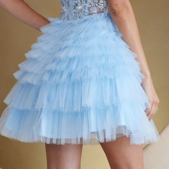 NEW SLEEVELESS MINI RUFFLED DRESS W/ HALTER NECK &amp; SEQUINS EMBROIDERY AC BZ9040S