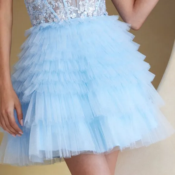 NEW SLEEVELESS MINI RUFFLED DRESS W/ HALTER NECK &amp; SEQUINS EMBROIDERY AC BZ9040S