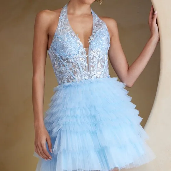 NEW SLEEVELESS MINI RUFFLED DRESS W/ HALTER NECK &amp; SEQUINS EMBROIDERY AC BZ9040S