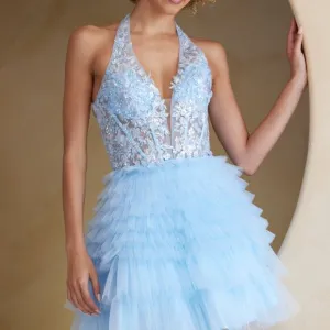 NEW SLEEVELESS MINI RUFFLED DRESS W/ HALTER NECK &amp; SEQUINS EMBROIDERY AC BZ9040S