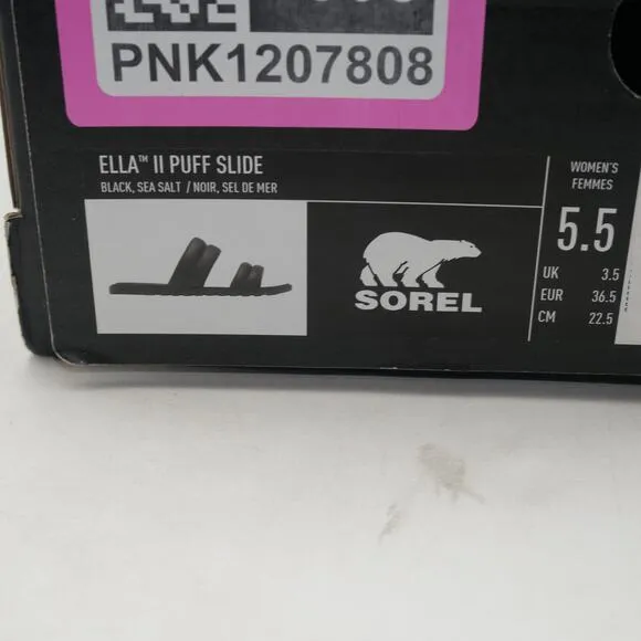 New Sorel Women's 5.5 Ella Puff Black Slides Sandals Shoes