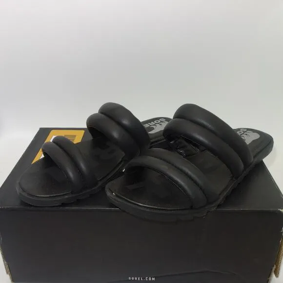 New Sorel Women's 5.5 Ella Puff Black Slides Sandals Shoes