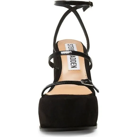 New Steve Madden Erica Platform Shoes High Heels Sandals Black Patent Straps 10