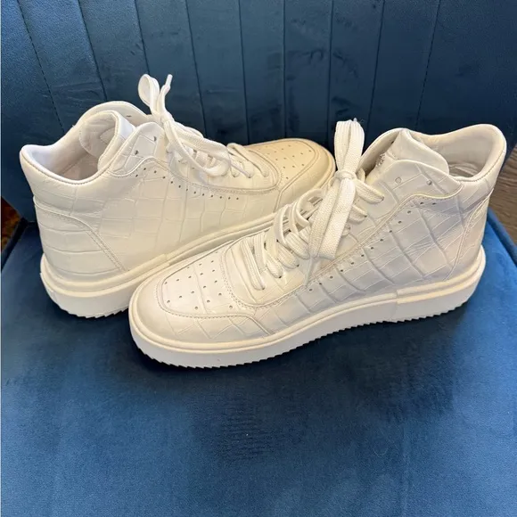 New STUART WEITZMAN Croc RYAN High-Top Leather SNEAKER Women 9 White MSRP$425