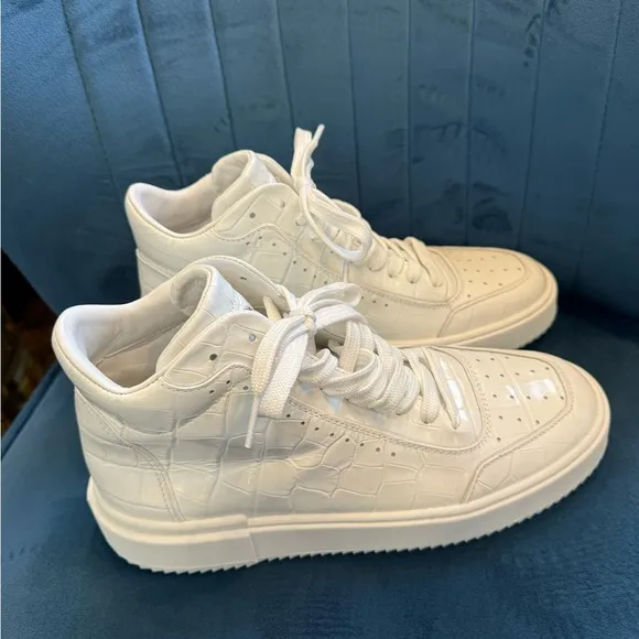 New STUART WEITZMAN Croc RYAN High-Top Leather SNEAKER Women 9 White MSRP$425