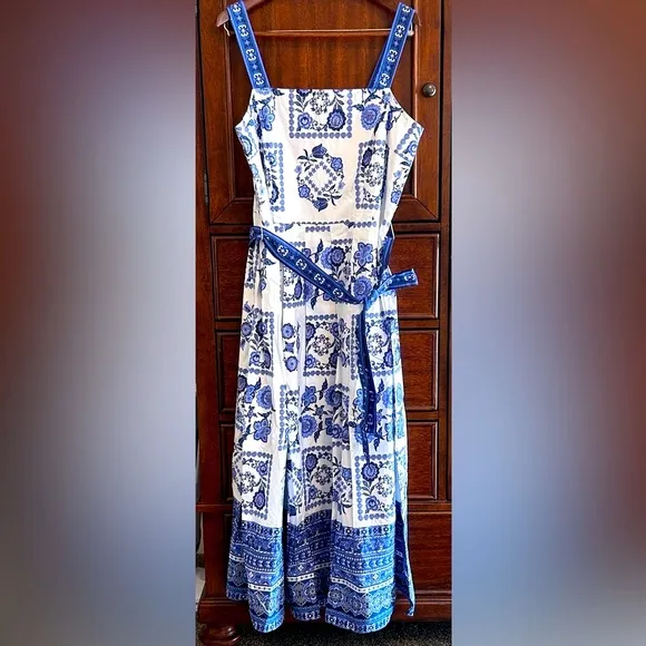 NEW! TALBOTS MODERN TILES POPLIN FIT &amp; FLARE MAXI DRESS