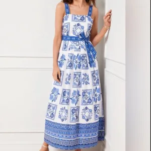 NEW! TALBOTS MODERN TILES POPLIN FIT &amp; FLARE MAXI DRESS