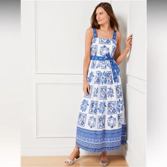 NEW! TALBOTS MODERN TILES POPLIN FIT &amp; FLARE MAXI DRESS