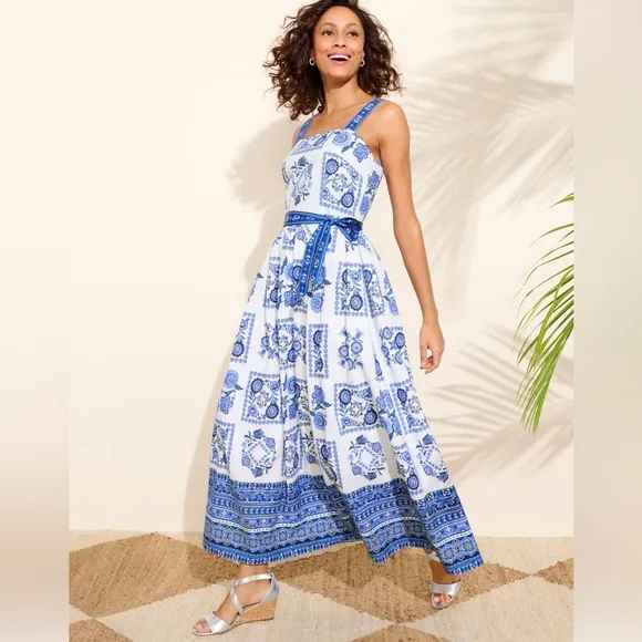 NEW! TALBOTS MODERN TILES POPLIN FIT &amp; FLARE MAXI DRESS