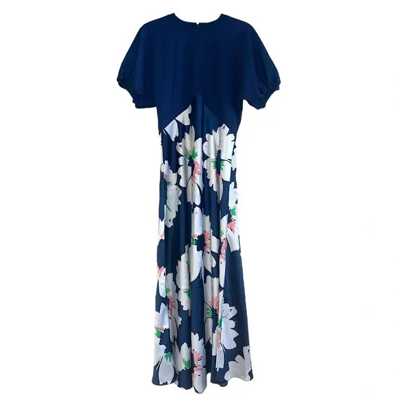 NEW! Ted Baker Modern Chic Daysiah Floral Midi Flare Dress Puff Sleeve Navy 2