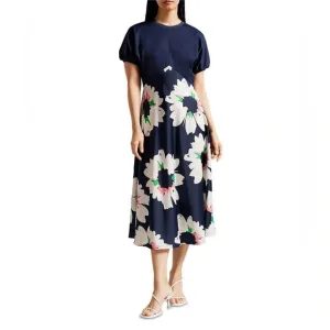 NEW! Ted Baker Modern Chic Daysiah Floral Midi Flare Dress Puff Sleeve Navy 2