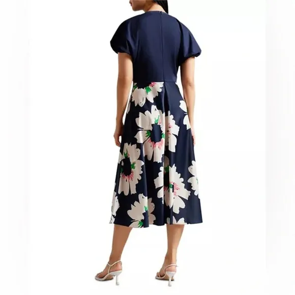 NEW! Ted Baker Modern Chic Daysiah Floral Midi Flare Dress Puff Sleeve Navy 2