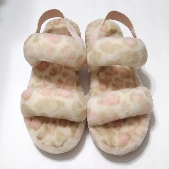 New UGG Oh Yeah Panther Print Fluffy Lamb Fur Sling Back Women's Slippers US 11