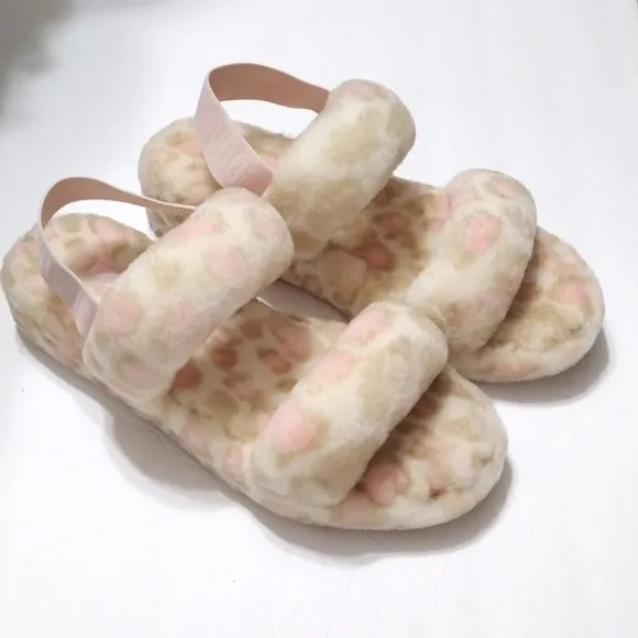 New UGG Oh Yeah Panther Print Fluffy Lamb Fur Sling Back Women's Slippers US 11