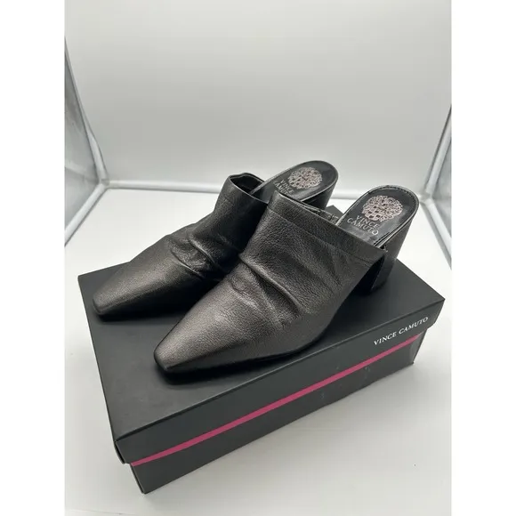 New Vince Camuto Carlie Leather Ruched Pointed Toe Block Heel Mule Pewter Sz 10M