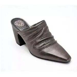 New Vince Camuto Carlie Leather Ruched Pointed Toe Block Heel Mule Pewter Sz 10M
