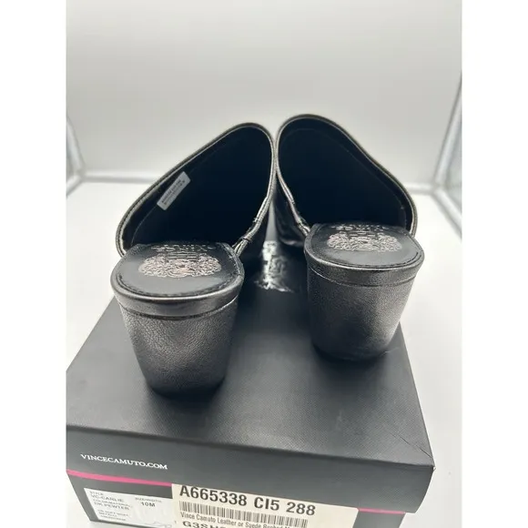 New Vince Camuto Carlie Leather Ruched Pointed Toe Block Heel Mule Pewter Sz 10M
