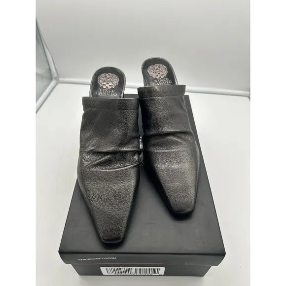 New Vince Camuto Carlie Leather Ruched Pointed Toe Block Heel Mule Pewter Sz 10M