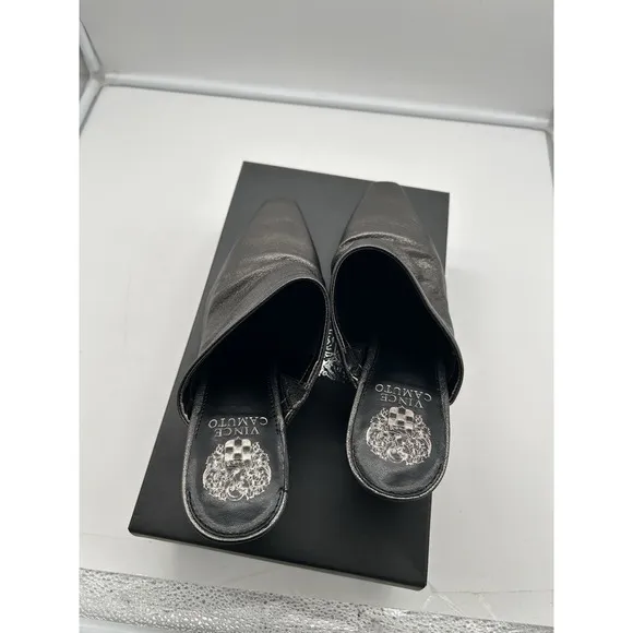 New Vince Camuto Carlie Leather Ruched Pointed Toe Block Heel Mule Pewter Sz 10M