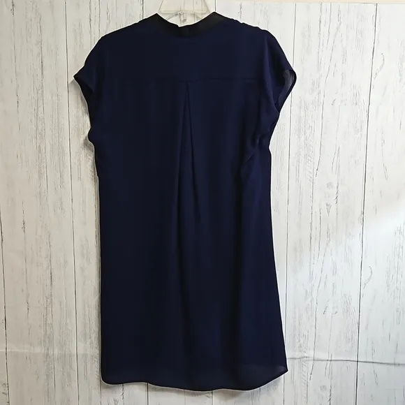 New Vince lamb leather trimmed  navy silk cocktail tunic dress women's size XXS