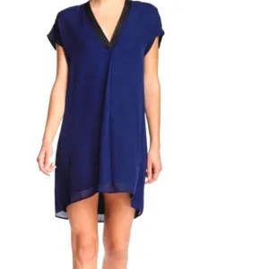 New Vince lamb leather trimmed  navy silk cocktail tunic dress women's size XXS