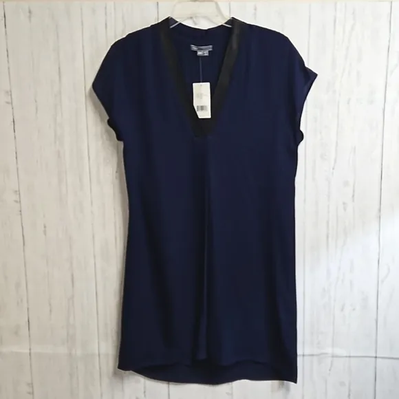 New Vince lamb leather trimmed  navy silk cocktail tunic dress women's size XXS