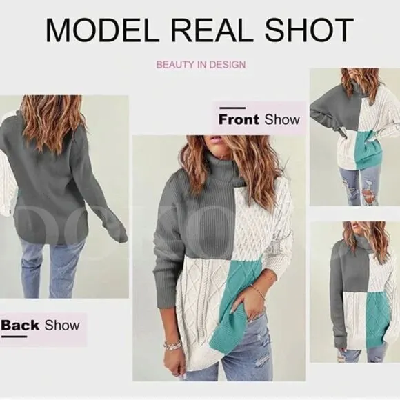 New Turtleneck Color Block Cable Knit Pullover Sweater