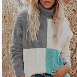 New Turtleneck Color Block Cable Knit Pullover Sweater