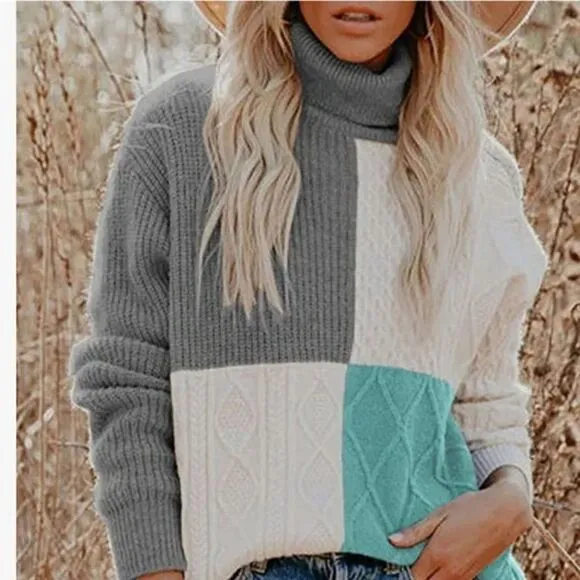 New Turtleneck Color Block Cable Knit Pullover Sweater
