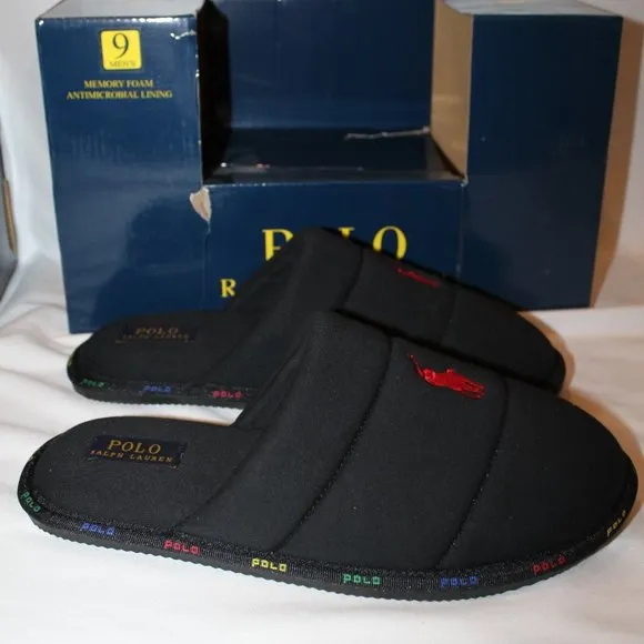 NIB MEN'S POLO‎ RALPH LAUREN SCUFF BLACK SLIP ON SLIPPERS