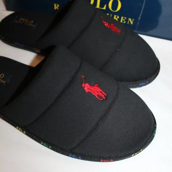 NIB MEN'S POLO‎ RALPH LAUREN SCUFF BLACK SLIP ON SLIPPERS