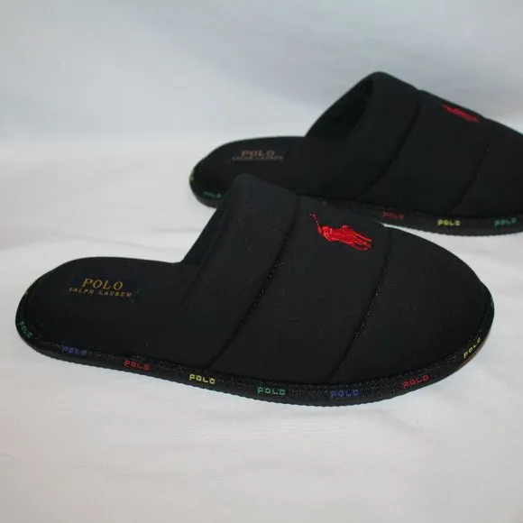 NIB MEN'S POLO‎ RALPH LAUREN SCUFF BLACK SLIP ON SLIPPERS