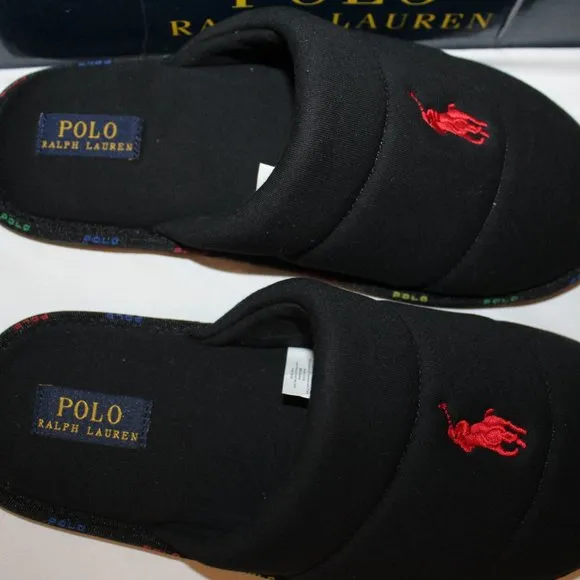 NIB MEN'S POLO‎ RALPH LAUREN SCUFF BLACK SLIP ON SLIPPERS