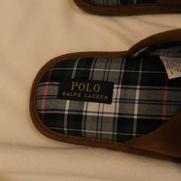 NIB POLO RALPH‎ LAUREN MEN'S SCUFF PLAID LINED LOGO SLIPPERS CHESTNUT