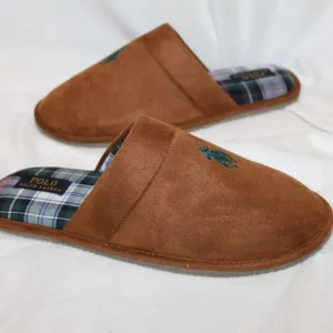 NIB POLO RALPH‎ LAUREN MEN'S SCUFF PLAID LINED LOGO SLIPPERS CHESTNUT