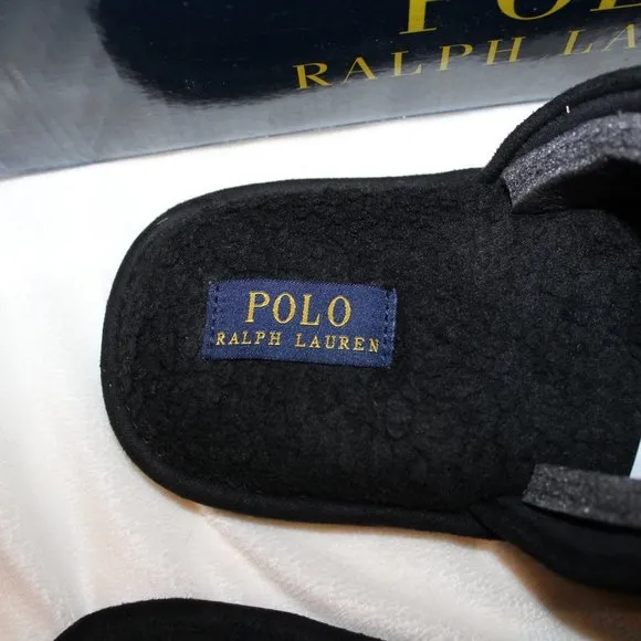 NIB POLO RALPH LAUREN MEN'S SLIP ON‎ LOGO HORSE SLIPPERS BLACK WHITE