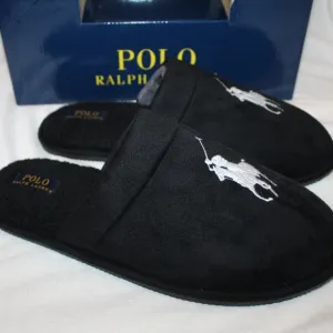 NIB POLO RALPH LAUREN MEN'S SLIP ON‎ LOGO HORSE SLIPPERS BLACK WHITE