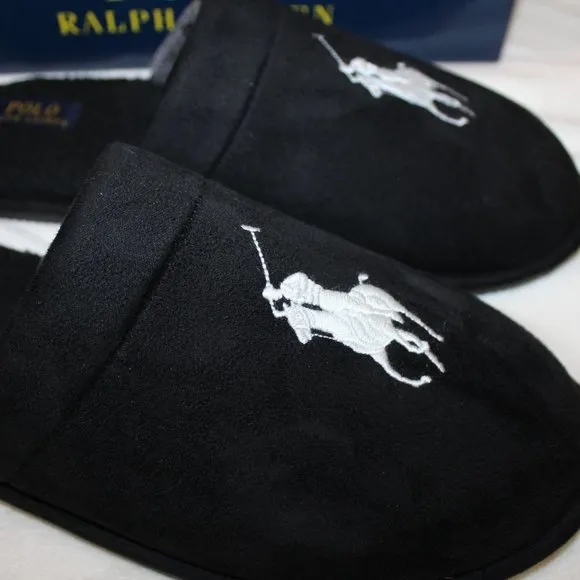 NIB POLO RALPH LAUREN MEN'S SLIP ON‎ LOGO HORSE SLIPPERS BLACK WHITE