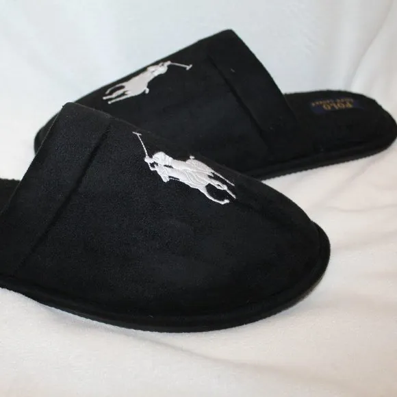 NIB POLO RALPH LAUREN MEN'S SLIP ON‎ LOGO HORSE SLIPPERS BLACK WHITE