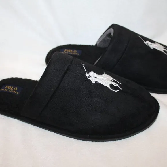 NIB POLO RALPH LAUREN MEN'S SLIP ON‎ LOGO HORSE SLIPPERS BLACK WHITE