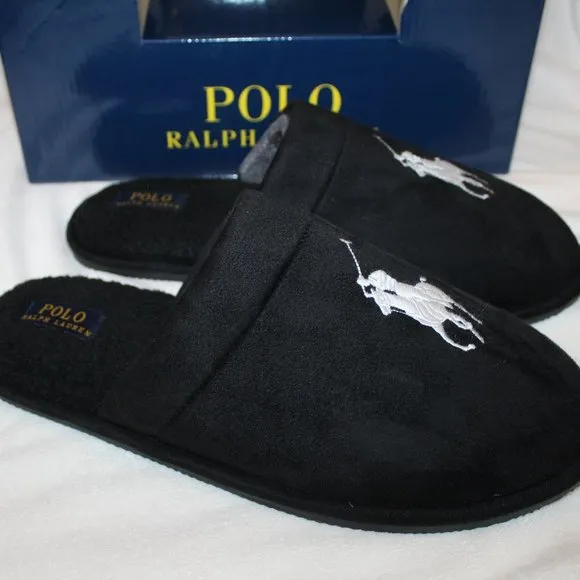 NIB POLO RALPH LAUREN MEN'S SLIP ON‎ LOGO HORSE SLIPPERS BLACK WHITE
