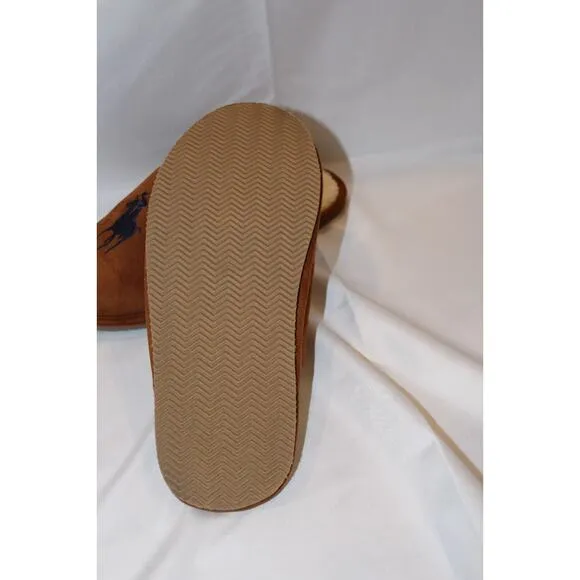 NIB POLO RALPH LAUREN MEN'S SLIP ON LOGO SCUFF HORSE SLIPPERS CHESTNUT