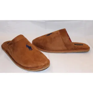 NIB POLO RALPH LAUREN MEN'S SLIP ON LOGO SCUFF HORSE SLIPPERS CHESTNUT
