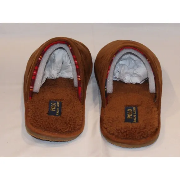 NIB POLO RALPH LAUREN MEN'S SLIP ON LOGO SCUFF HORSE SLIPPERS CHESTNUT