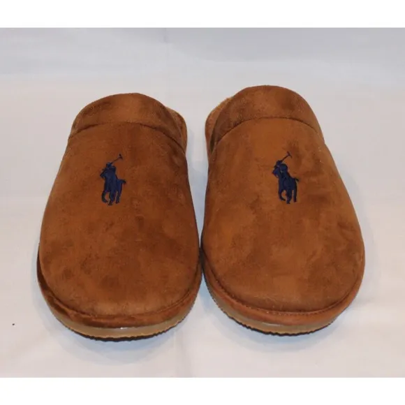 NIB POLO RALPH LAUREN MEN'S SLIP ON LOGO SCUFF HORSE SLIPPERS CHESTNUT