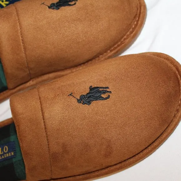 NIB POLO‎ RALPH LAUREN MEN'S SUEDE LINED COMFORT SLIPPERS CHESTNUT PLAID