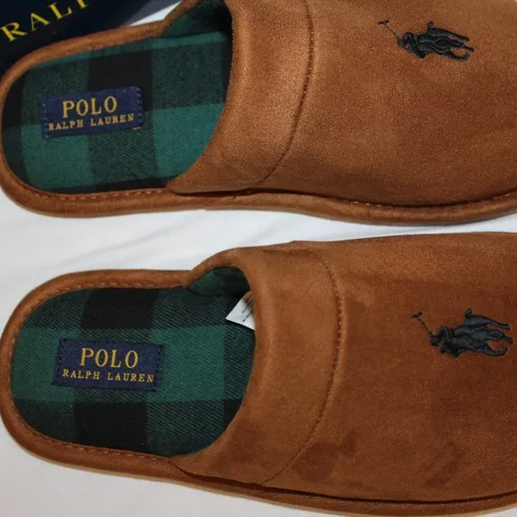 NIB POLO‎ RALPH LAUREN MEN'S SUEDE LINED COMFORT SLIPPERS CHESTNUT PLAID